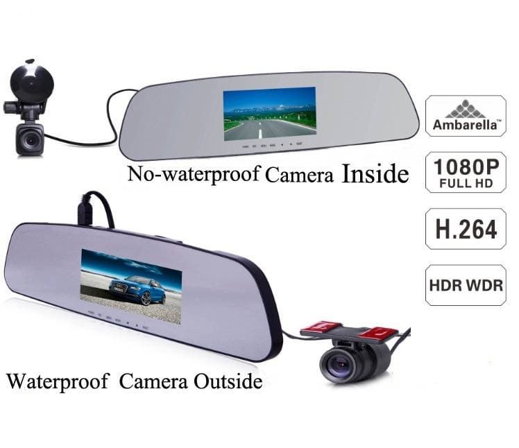2014 new waterproof 4-3inch LCD a7 ambarella rearview mirror vechicle gps car dvr with full hd dual